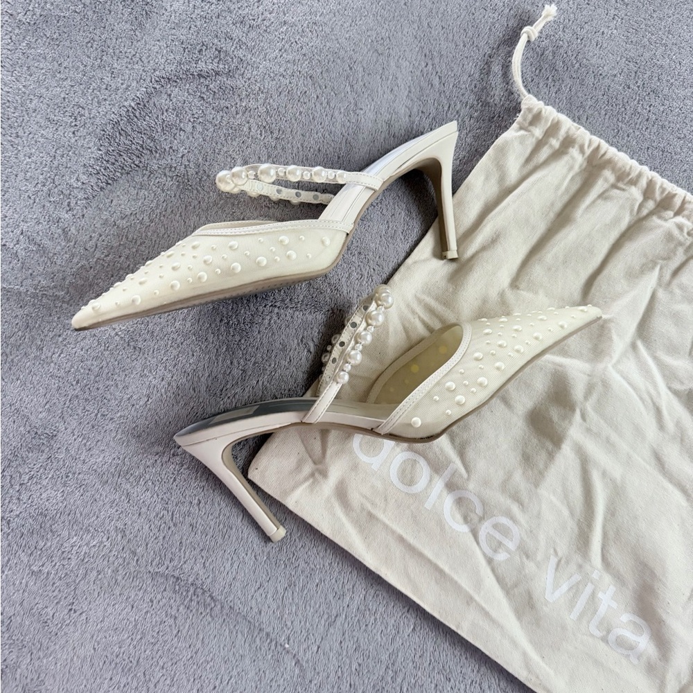 Dolce Vita White Textured Beaded Mesh Pointed Toe Pearl-Embellished Heels S - Picture 2 of 5